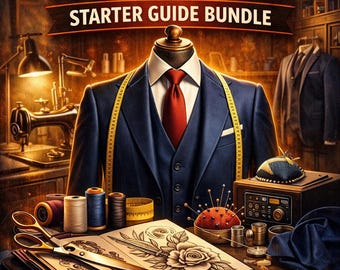 Op de afbeelding: Illustratie voor een starterspakket voor een kleermakersbedrijf. De afbeelding toont een mannequin met een marineblauw pak met een rode stropdas, omringd door naai-gereedschap, en de tekst "TAILORING BUSINESS STARTER GUIDE BUNDLE".