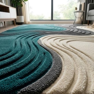 Alfombra de ondas abstractas talladas en 3D, color verde azulado, gris y crema, con diseño esculpido de felpa.