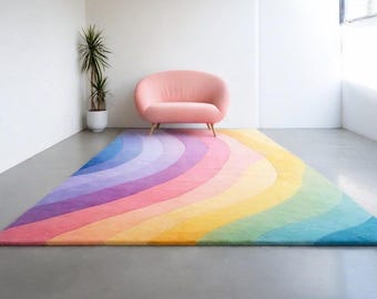 Hand Tufted Pastel Rainbow Rug, Modern Abstract Wave Area Rug, Colorful Wool Carpet for Living Room, Nursery Decor, Kids Bedroom Rug, Scandi
