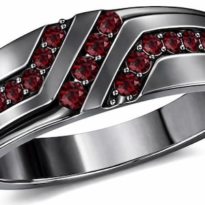 Men’s Ruby Wedding Band Ring – 2Ct Princess Cut Lab Created Red Ruby, 925 Sterling Silver, 14K White Gold Finish, Anniversary Ring