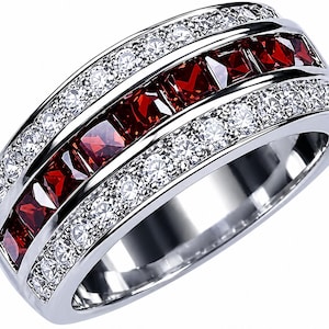 2Ct Princess Cut Red Ruby Men's Wedding Band, Diamond Channel Set Ring, 14K White Gold Finish, 925 Sterling Silver, Anniversary Gift for Him