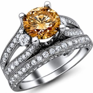 3.35Ct Fancy Brown Round Diamond Bridal Set Ring, 14K Yellow Gold Finish, 925 Sterling Silver Engagement & Wedding Ring Set