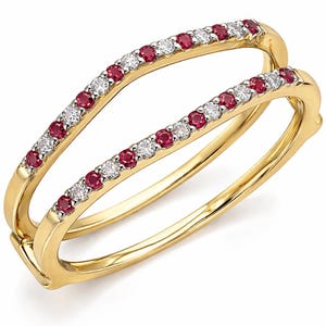 2.1Ct Lab Created Diamond Enhancer Ring, Ruby & White Diamond Guard Band, 14K Yellow Gold Finish Wedding Ring Enhancer, Bridal Wrap Ring.