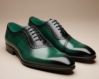 Handmade Green & Black Leather Oxford Shoes – Two-Tone Dress Shoes