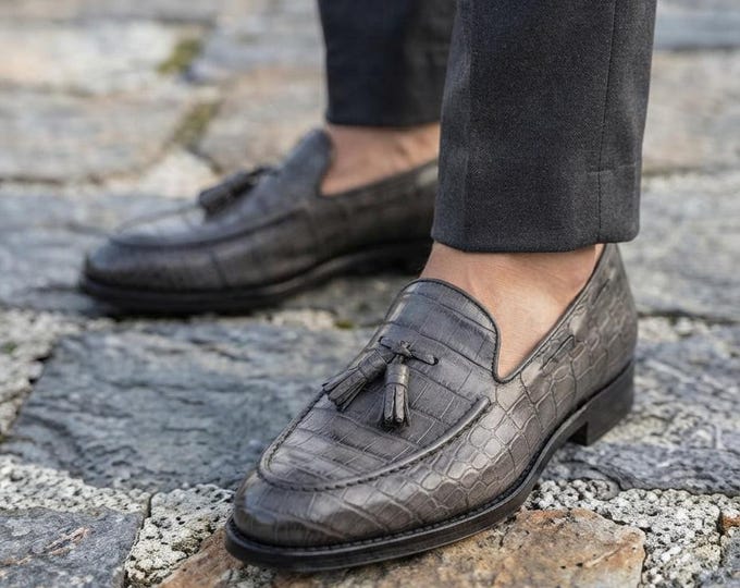 Handmade Gray Patina Leather Tassel Loafers | Textured Slip-On Dress Shoes