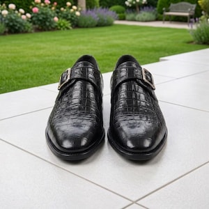 Black Crocodile Embossed Leather Monk Strap Shoes, Single Buckle Formal Menswear image 2