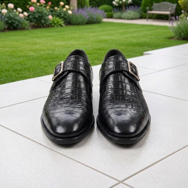 Black Crocodile Embossed Leather Monk Strap Shoes, Single Buckle Formal Menswear image 2