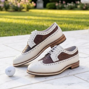 Cream Python Embossed Leather Wingtip Derby Golf Shoes, Two Tone Oxfords