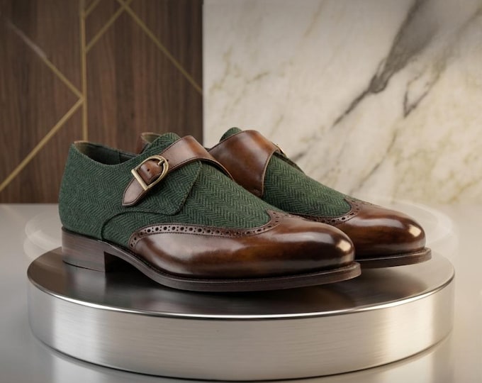 Handmade Two-Tone Monk Strap Dress Shoes | Brown Leather, Green Tweed Wingtip Loafer