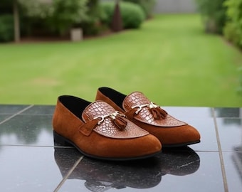 Handmade Brown Suede Tassel Loafers | Leather Bit Slip-Ons