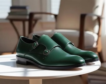 Scarpe eleganti con cinturino doppio in pelle verde fatte a mano