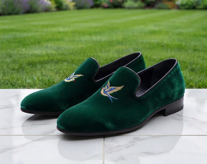 Men's Green Velvet Smoking Slippers with Bird Embroidery | Handmade Tuxedo Loafers | Formal Evening Dress Shoes