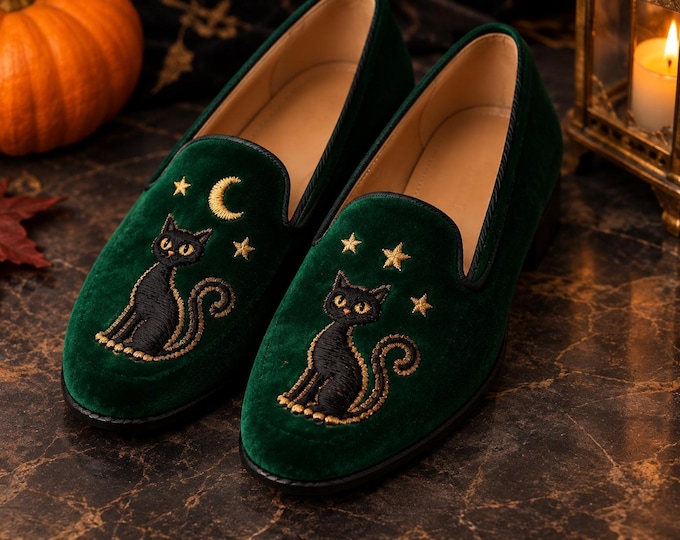 Handmade Emerald Green Velvet Loafers, Embroidered Black Cat Moon Stars, Witchy Dress Shoes