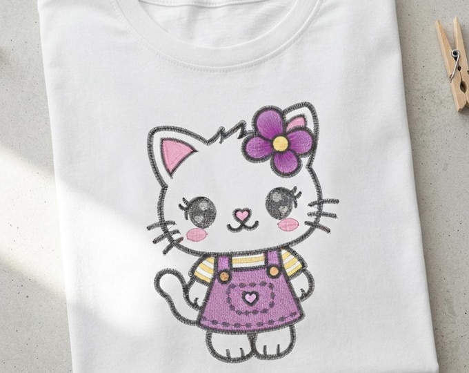 Kawaii Cat Embroidery Design, Cute Cat Machine Embroidery File, Girl Cat Flower Overalls Design, Kawaii Animal PES DST, Instant Download