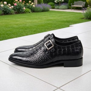 Black Crocodile Embossed Leather Monk Strap Shoes, Single Buckle Formal Menswear image 3