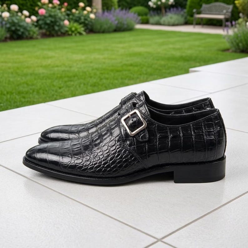 Black Crocodile Embossed Leather Monk Strap Shoes, Single Buckle Formal Menswear image 3