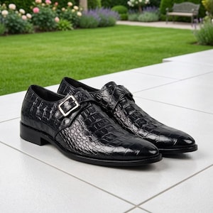 Black Crocodile Embossed Leather Monk Strap Shoes, Single Buckle Formal Menswear image 1