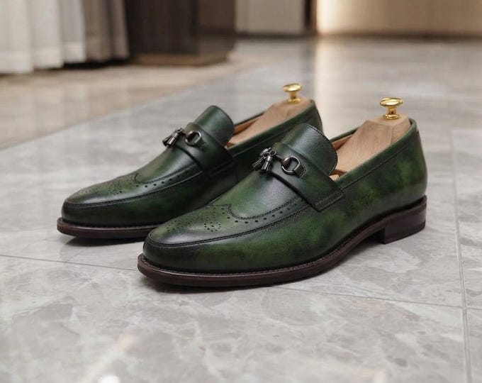 Handmade Green Leather Loafers | Patina Brogue Detail, Strap Dress Shoes
