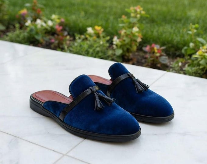 Navy Velvet Mule Loafers | Crocodile Leather Tassel Trim, Backless Slip-On