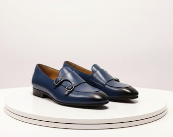 Handmade Blue Leather Double Monk Strap Dress Shoes, Formal Wedding Loafers