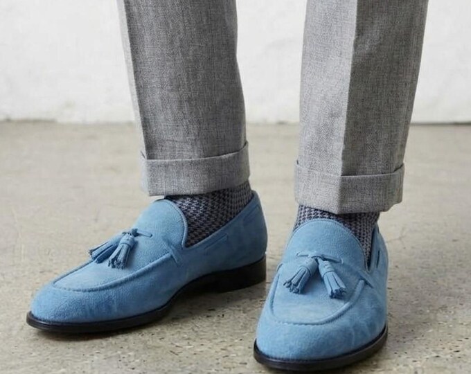 Handmade Sky Blue Suede Tassel Loafers | Italian Style Slip-On Dress Shoes