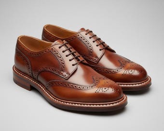 Handmade Brown Leather Wingtip Brogue Shoes – Men’s Oxford Dress Shoes