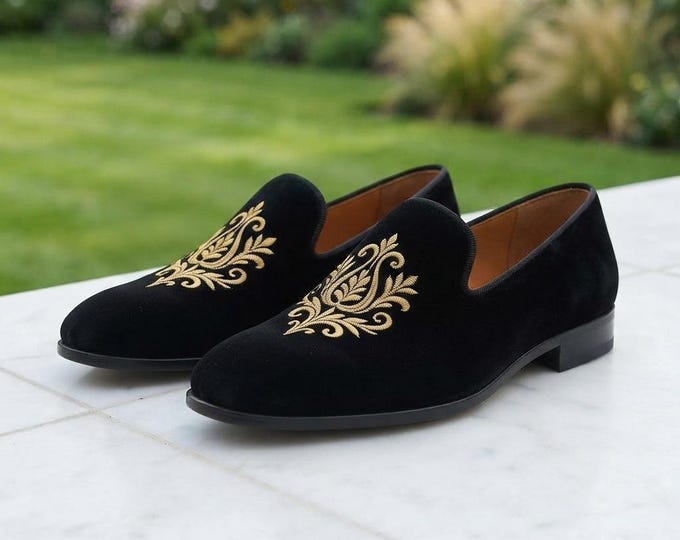 Men's Black Velvet Loafers, Gold Embroidered Smoking Slippers, Velvet Prince Albert Shoes, Groom Wedding Shoes, Formal Dress Loafers