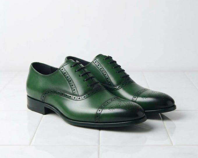 Green Cap Toe Oxford Shoes, Mens Handmade Leather Oxfords, Green Patina Dress Shoes, Semi Brogue Shoes, Wedding Groom Shoes
