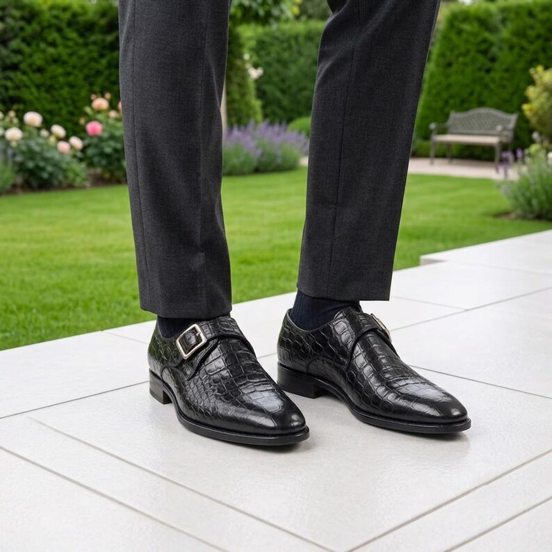 Black Crocodile Embossed Leather Monk Strap Shoes, Single Buckle Formal Menswear image 4