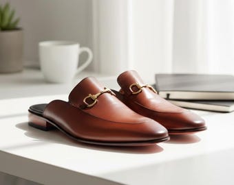 Men's Handmade Brown Leather Horsebit Loafers, Backless Mules