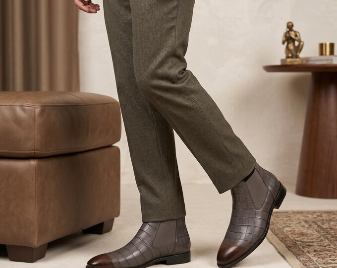Handmade Brown Patina Leather Chelsea Boots | Elastic Side Slip-On Dress Shoes