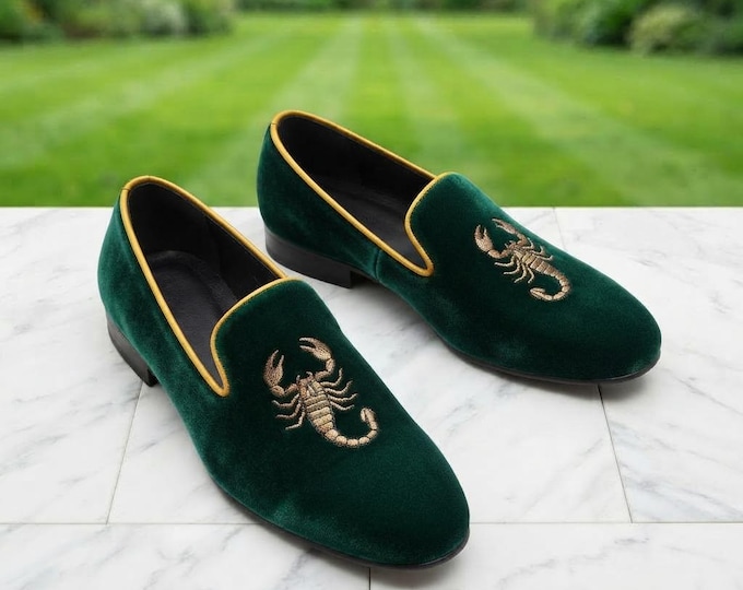 Men's Green Velvet Loafers with Gold Scorpion Embroidery | Statement Formal Shoes