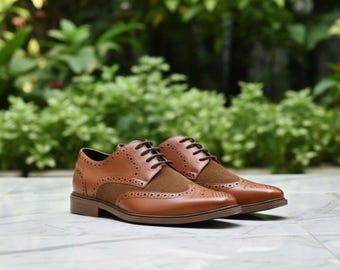 Handmade Brown Leather & Suede Brogue Oxford Shoes