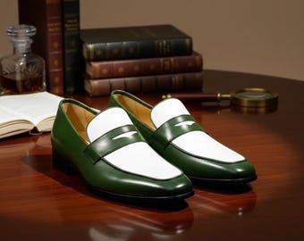 Handmade Leather Penny Loafers | Men's Green & White Slip-Ons