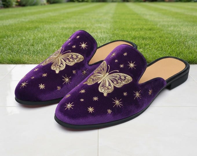 Purple Velvet Mule Slippers | Gold Butterfly & Star Embroidery (Handmade)