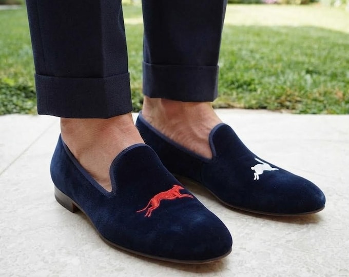 Handmade Navy Blue Velvet Loafers, Embroidered Horse Slip-On Shoes (Custom Sizing)