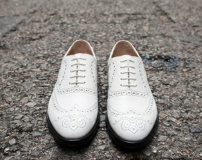 Handmade White Leather Wingtip Brogues | Formal Oxford Dress Shoes (Groom Wedding)