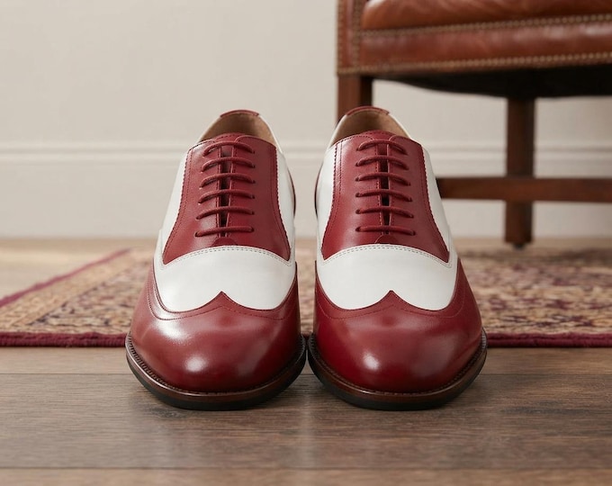 Burgundy White Spectator Shoes, Mens Wingtip Oxfords, Two Tone Brogue Shoes, Handmade Dress Shoes, Wedding Groom Shoes