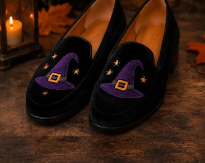 Handmade Black Velvet Loafers, Embroidered Witch Hat, Halloween Party Shoes