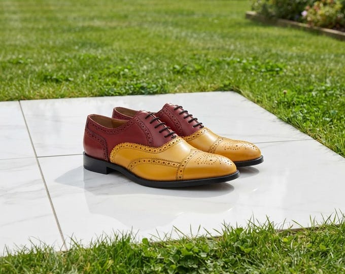 Handmade Two-Tone Burgundy Mustard Leather Brogue Shoes, Formal Derby Style