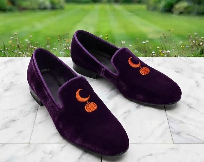 Purple Velvet Smoking Slippers, Pumpkin Moon Embroidered Shoes, Crescent Moon Loafers, Velvet Dress Shoes, Novelty Halloween Shoe