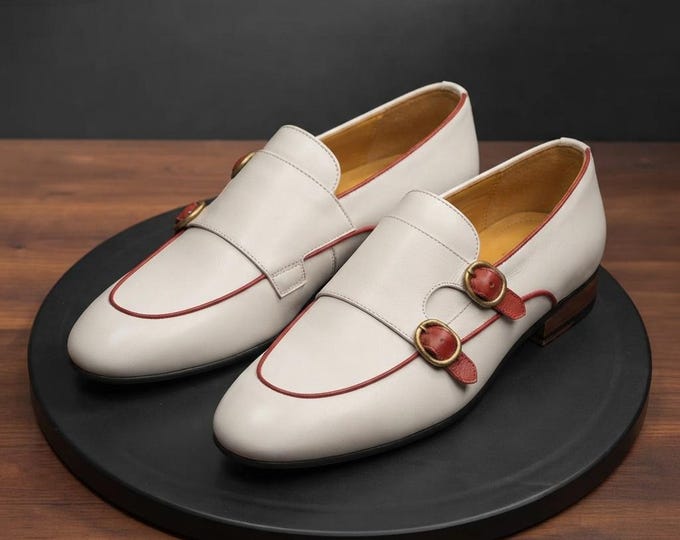 White Double Monk Strap Loafers, Mens Handmade Leather Shoes, Cream Slip On Dress Shoes, Wedding Groom Shoes