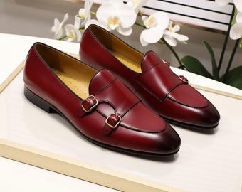 Men’s Burgundy Monk Strap Leather Shoes, Handmade Formal Dress Shoes, Luxury Wedding Office Footwear