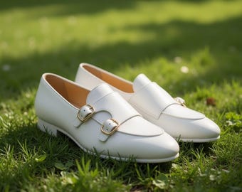 Men’s White Monk Strap Loafers, Handmade Leather Dress Shoes, Luxury Formal & Office Footwear