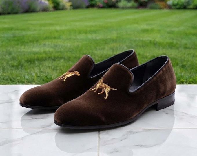 Men's Brown Velvet Smoking Slippers with Dog Embroidery | Handmade Hunting Loafers | Formal Evening Shoes