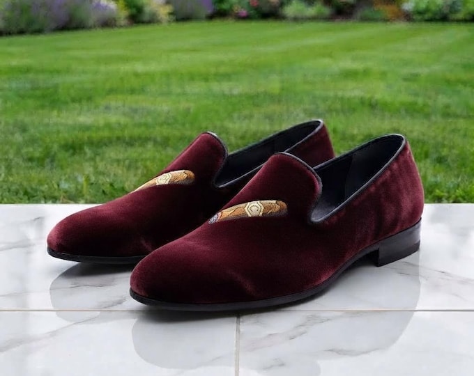 Men's Burgundy Velvet Smoking Slippers with Cigar Embroidery | Handmade Tuxedo Loafers | Formal Evening Dress Shoes