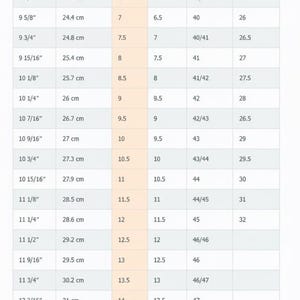 May include: A shoe size conversion chart titled Men's Shoes Length and Width Charts. The table displays columns for length in inches and centimeters, alongside corresponding US, UK, European, and Japanese shoe sizes in a grid format.