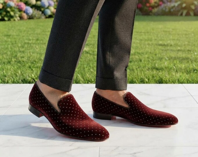 Men's Burgundy Velvet Smoking Slippers with Rhinestone Polka Dots & Red Sole | Handmade Luxury Tuxedo Loafers