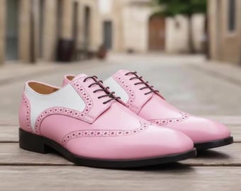 Ręcznie robione białe i różowe skórzane półbuty typu Oxford, męskie buty wizytowe