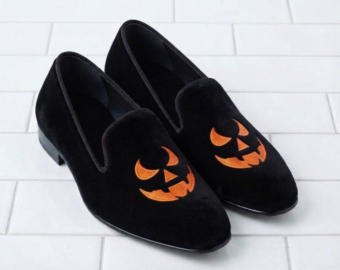 Halloween Loafers Men & Women, Black Velvet Smoking Slippers, Embroidered Shoes, Pumpkin Face Loafers, Velvet Dress Shoes, Halloween Gift